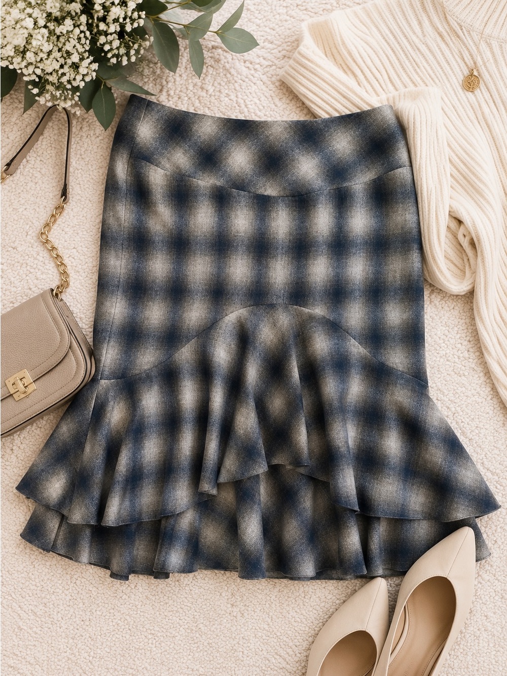 Trina Turk Wool Blend Plaid Ruffle Hem Skirt Size 4 Blue Gray Made in USA